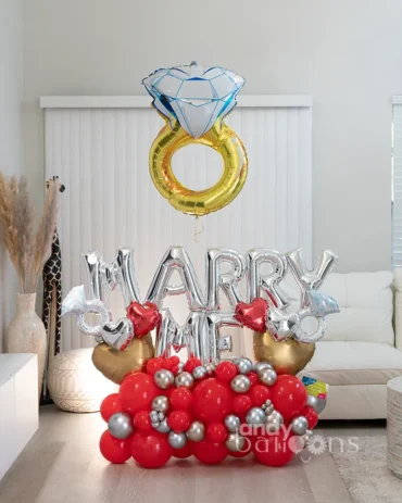 Marry Me balloon arrangement for wedding proposals, perfect romantic decoration for popping the question