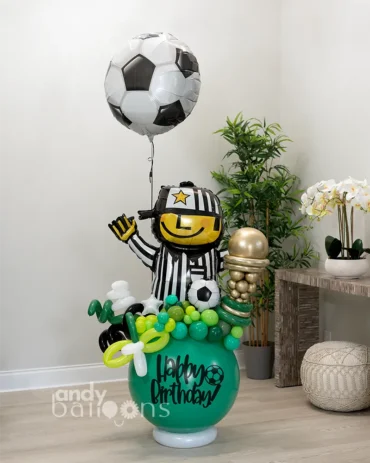 Soccer Pop Balloon with soccer ball design, filled with chocolates inside for a fun and tasty surprise when popped
