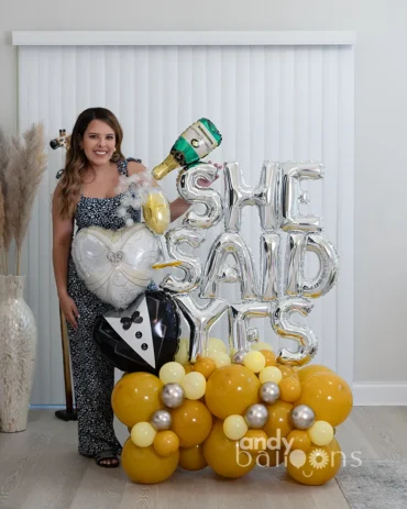 She Said Yes engagement arrangement, ideal for wedding proposals or engagement party decoration, with delivery available