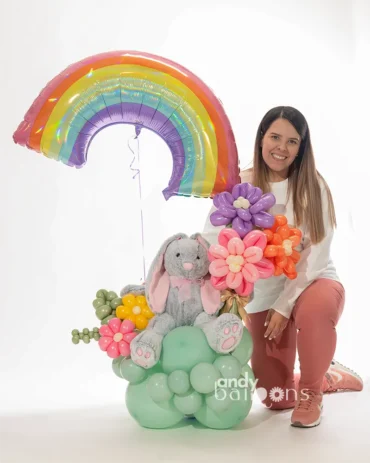 Spring Bunny Balloon bouquet featuring a bunny plush and balloon flowers, perfect for Easter or any spring celebration
