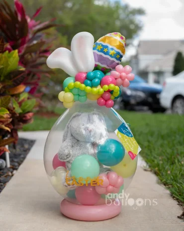 Easter balloon arrangement with a bunny plush inside, a festive and creative gift idea for kids or loved ones