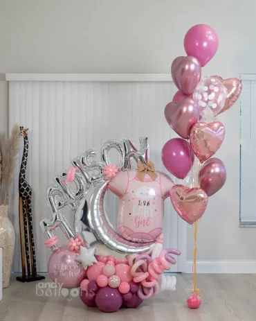 Deluxe baby homecoming balloon gift featuring a personalized balloon arrangement with the baby’s name and custom message, perfect for celebrating a new arrival