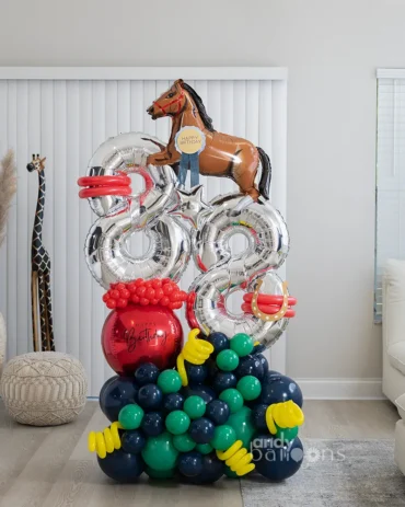 Custom age balloon bouquet with horse theme, perfect for personalized birthday celebrations, available for all ages