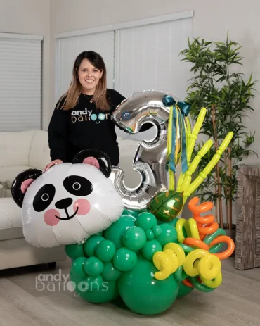 Customizable panda birthday balloon arrangement with black and white theme