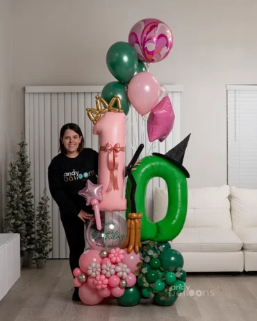 Two sides of magic balloon arrangement with contrasting colors in a fantasy theme