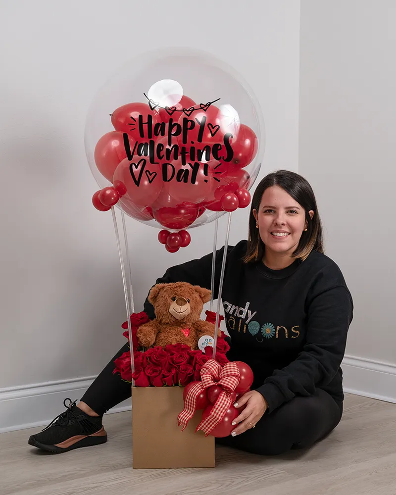 Hot air balloon arrangement with teddy bear and flowers for Valentine’s Day gift