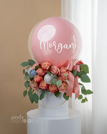 Premium bloom box with fresh roses and personalized bubble balloon gift