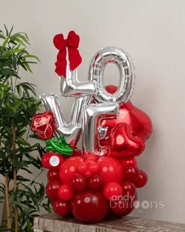 Red love balloon bouquet with LOVE letters for Valentine’s Day