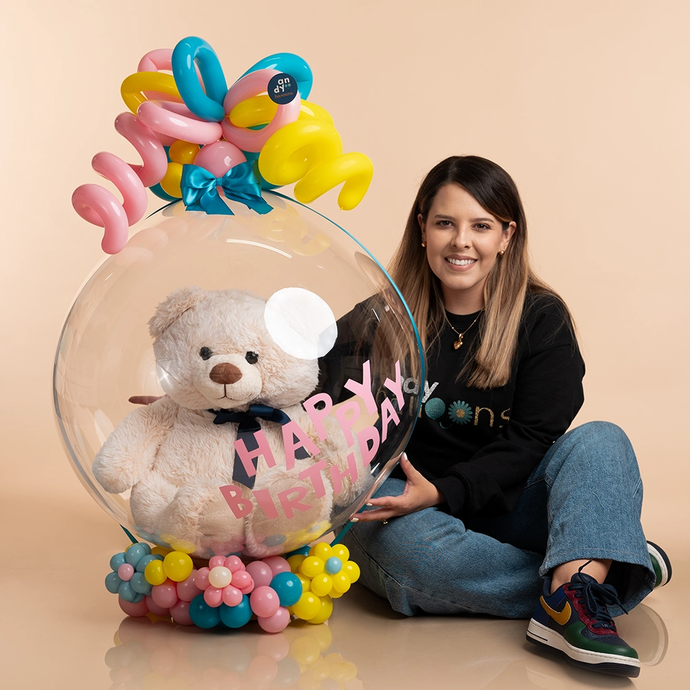 Stuffed balloon arrangement by Andy Balloons, custom balloon gift for birthday or baby celebration