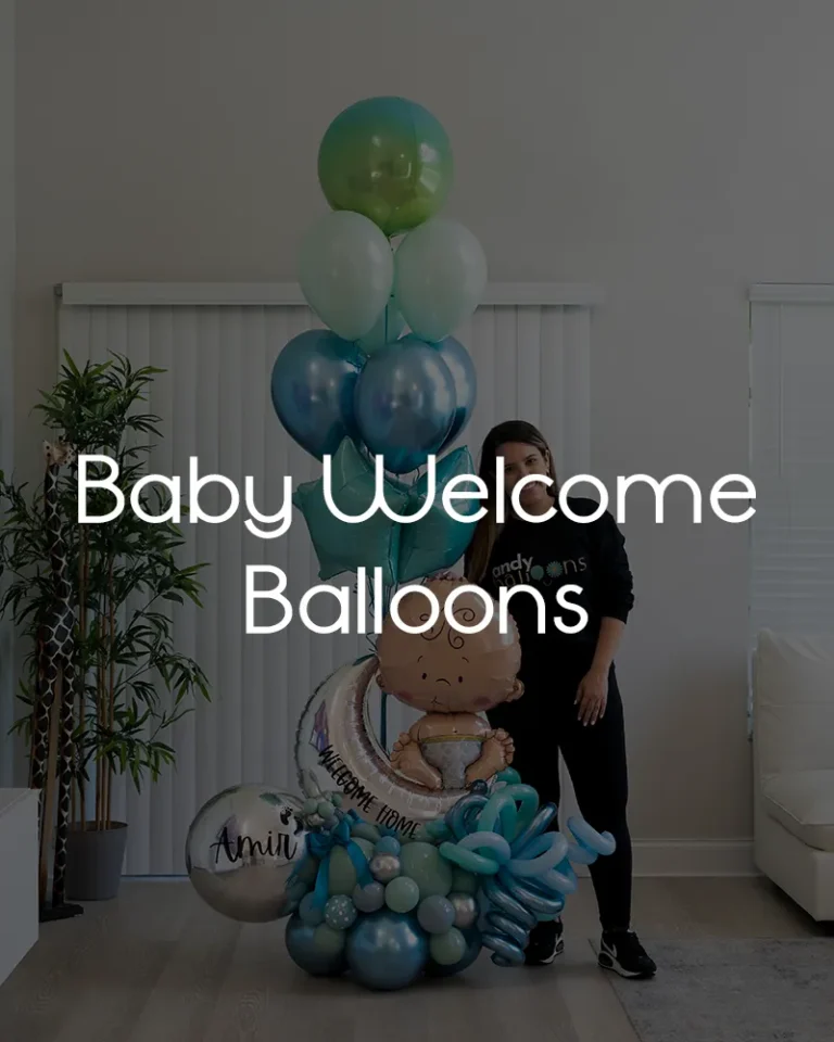 Balloon arrangement to welcome a newborn home, featuring a baby and moon theme with soft, elegant balloon details